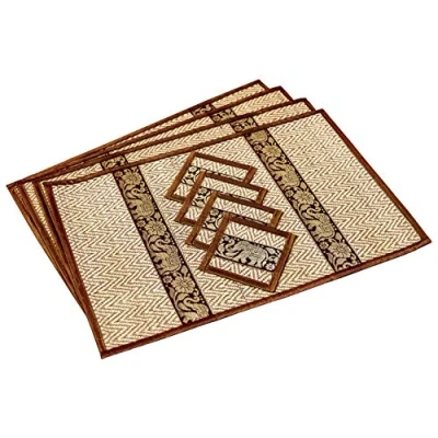 Image of Hand Woven Wicker Reed Placemats Coaster Set Alternative to Plastic Heat Resistant Thai Style Durable Easy Clean for Dining Table of 4 (Large ST Dark Gold)