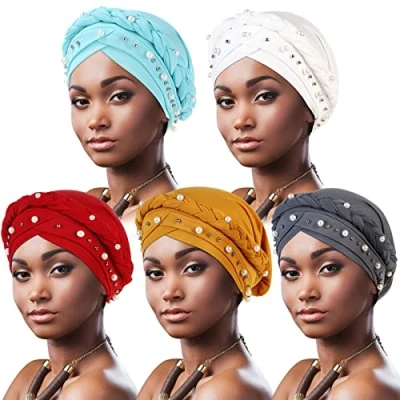 Image of DRESHOW African Women Turban Pre Tied Twisted beaded Braid Head Wrap Hat Beanie Headwraps Chemo Cancer Cap