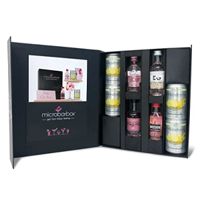 Image of MicroBarBox Pink Gin Gift Set with Lemonade in a Premium Luxury Box for Women including Gordons, Beefeater, Real English Ruby&#039;s Gins, Edinburgh Rhubarb &amp; Ginger