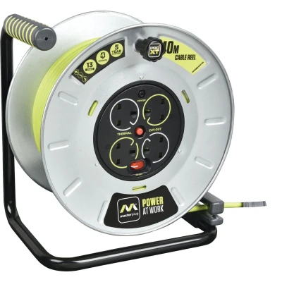 Image of Masterplug Pro XT Metal Steel Drum Four Socket Open Cable Reel Extension Lead with Winding Handle, Thermal Cut Out and Power Switch, 40 Metres High Visibility Cable, Green