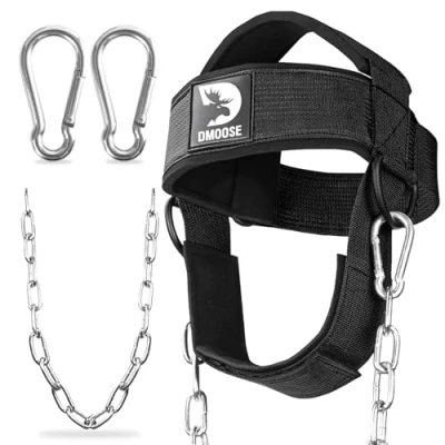 Image of DMoose Neck Harness for Weight Lifting Exerciser with 30&quot; Heavy Duty Steel Chain Strengthener to Support Injury Recovery &amp; Workout Trainer Adjustable Head Chin Strap