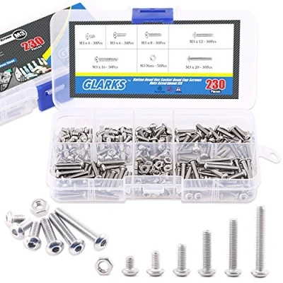 Image of Glarks 230Pcs M3 Stainless Steel Allen Hex Drive Button Head Socket Cap Bolts Screws Nuts Assortment Kit (M3)