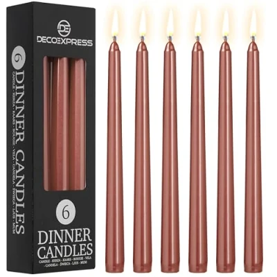 Image of DECO EXPRESS Candles Set Classic Dripless Tapered Metallic Unscented 8H Burning Time, Decorative Dinner for Restaurant Home Christmas, Variety of Packs &amp; Colours (Metallic Copper 6 Pack)