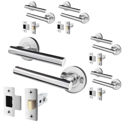 Image of EAI Door Handle Latch Set Polished Chrome Pack of 5 Round T Bar Internal Handles &amp; (64mm) Silver Lever on Rose Oliena Range