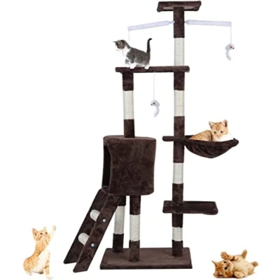 Image of Cat Scratching Post Multi Level Tree Climbing Activity Tower Dangling Toy Condo Viewing Platform (Brown)