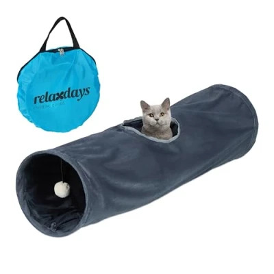 Image of Relaxdays Cat Tunnel, Soft Plush Lining, with Play Ball, Foldable, W x D: 88 25 cm, Interactive Toy, Grey, Polyester, cm