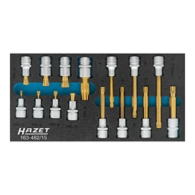 Image of HAZET Screwdriver Socket Set 163 482/15 I 15 Piece Drive: 1/2 Inch Perfect Organiser System with Infinite Combination Possibilities
