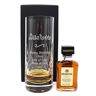 Image of Personalised Engraved Crystal Highball Glass &amp; Miniature Disaronno Design (Cardboard Gift Box)