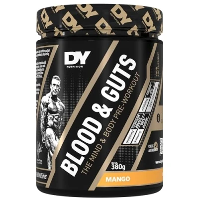 Image of DY Nutrition Blood and Guts Pre Workout Powder, 380g (Mango) High Strength Preworkout with 350mg Caffeine, Citrulline Malate, Beta Alanine, Arginine AKG, L Tyrosine, Vitamin B3 for Men &amp; Women