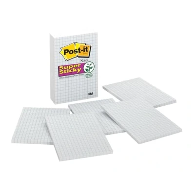 Image of Post it Super Sticky Notes, 4x6 in, 3 Pads, 2X The Sticking Power, White with Blue Grid Lines, Recyclable (660 SSGRID)