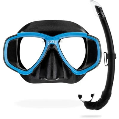 Image of CRESSI Perla + Mexico Combo Black/Blue Ideal for Snorkelling Diving Apnea, Snorkel Set Mask Mexico, Black/Blue, One Size, Unisex