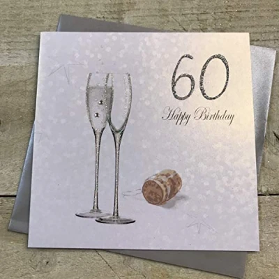 Image of WHITE COTTON CARDS 60 Happy, Handmade 60th Birthday Card, Champagne/Silver