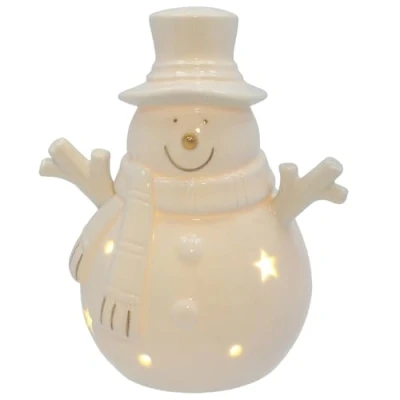 Image of Shudehill Giftware Christmas Frosty Winter White LED Light Up Snowman Ornament Home Decortion Tall, Jolly or Top Hat Designs (Jolly)