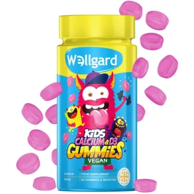 Image of Wellgard Kids Calcium &amp; D3 Gummies 2 Month Supply Vegan Chewable and Vitamin Gummies, Mixed Berry Flavour