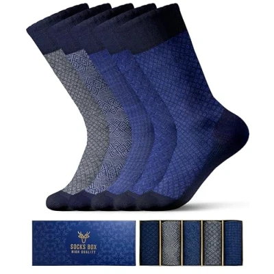 Image of Socks Box, Men’s Bamboo Dress With Gift Patterned, Premium Quality Crew Socks, (5/10 Pairs + Box), Blue Tones, 8 12