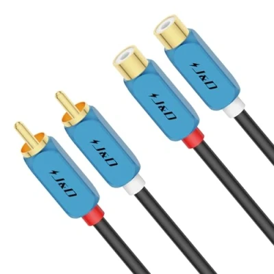 Image of J&amp;D 2 RCA Extension Cable, Male to Female Stereo Audio Cable with Heavy Duty Gold Plated Copper Shell, 3 Meter