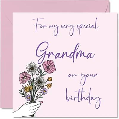 Image of Cute Birthday Cards for Grandma Flowers Happy Card from Grandson Granddaughter, Special Gifts, 145mm x Mother&#039;s Day Greeting