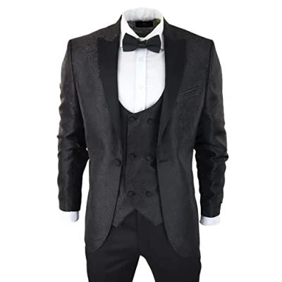 Image of TruClothing Mens Paisley Tuxedo Blazer and Waistcoat Brocade Dinner Jacket Satin Black Fit 40