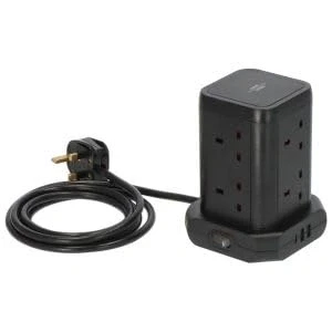 Image of Brennenstuhl Tower Extension Lead 8 way with USB (Extension 2x A &amp; 1x C and Safety Fuse Button, sockets in 90 arrangement, 2m cable) black