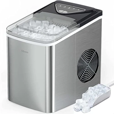 Image of Silonn Ice Makers Countertop, 9 Cubes Ready in 6 Mins, 12KG 24Hrs, Self Cleaning Machine with Scoop and Basket, 2 Sizes of Bullet for Home Kitchen Office Bar Party