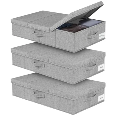 Image of Underbed Storage, 3 Pack Large Under Bed Storage Box with Lids, Foldable Clothes W/ Handle, Organiser Drawer Containers for Blankets Shoes Pillows