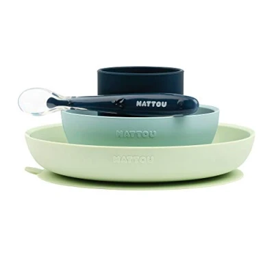 Image of Nattou Silicone Baby Feeding / Weaning Dinner Set, 4 pcs, Green and Blue color