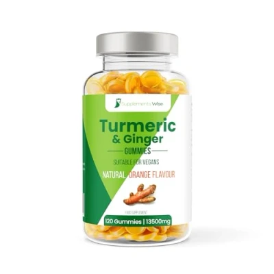 Image of Turmeric Gummies 120 Pack 13500mg Per Serving Fortified with Ginger High Strength Curcumin Supplement Natural Orange Flavour for Joint Pain Chewable Herbal Vegan Gummy