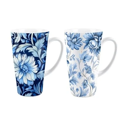 Image of Purely Home Greek Floral Mugs Set Blue &amp; White Flowers Tall Latte of 2 Ceramic Tea/Coffee Present Gift