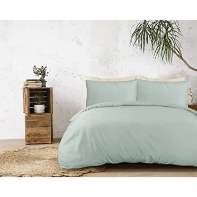Image of Sleepdown 100 Percentage Bamboo Cotton Plain Sage Green Duvet Cover Quilt Pillow Cases Bedding Set Soft Easy Care Double (200cm x 200cm
