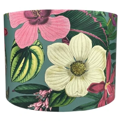 Image of Floral Lampshade Bold Botanical Design with Pink, Purple, Yellow, and Green Flowers on Petrol Blue Background Ceiling Light Shade or Table Lamp