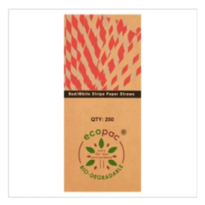 Image of Ecopac Red/White Stripe Paper Straws Approx 250 per Case of 1
