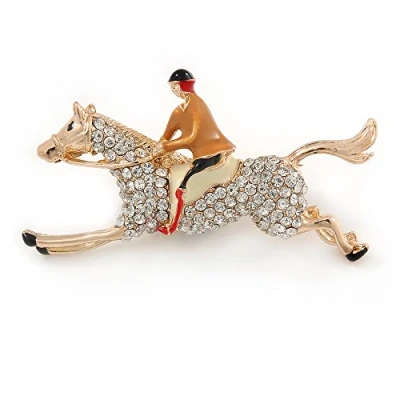 Image of Avalaya Vintage Inspired Clear Crystal, Enamel Jockey Brooch in Gold Plating 55mm L