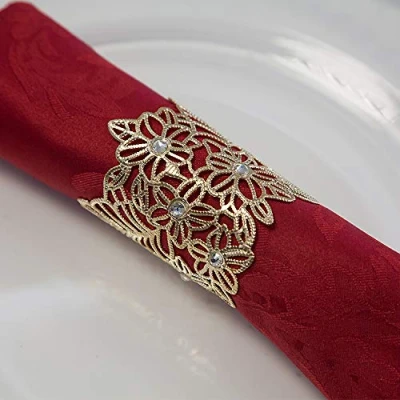 Image of Christmas Metal Napkin Rings 7 Designs Xmas Dinner Wedding Pack of 6 (Gold Flower Diamante)