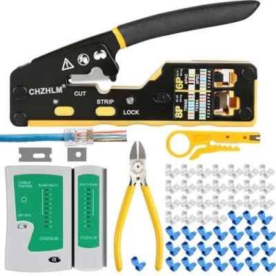 Image of RJ45 Crimping Tool Kit Crimper Stripper Cutter All in One Pass Through for 8P Cat5 Cat5e Cat6 Cat6a 6P RJ11/12 Telephone Connectors with 50Pcs Covers Mini