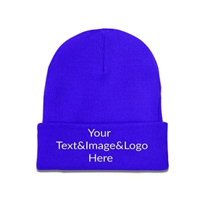 Image of Customized Hat Slouch Blue Beanie Your Text&amp;Image&amp;Logo Here Warm Knit Skull Cap