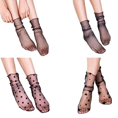 Image of LUOEM 4 Pairs Women Ankle High Socks Sheer Slouch Transparent Lace Socks, M, Black