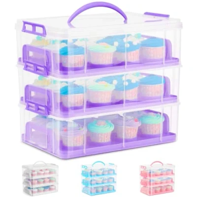 Image of SG Traders Cupcake Carrier with Handle, 3 Tier Box Bake Cake Holder, 36 Muffin Cases Stackable Caddy, Baking Boxes Cases, Plastic Storage Adjustable Compartments