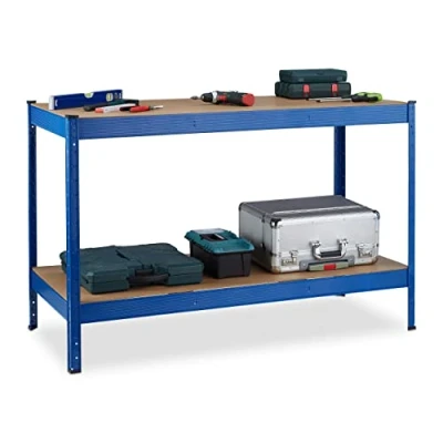 Image of Relaxdays Workbench, 2 Adjustable Levels, Workshop &amp; Garage, Steel MDF, H x W D: 90.5 141 61 cm, Blue