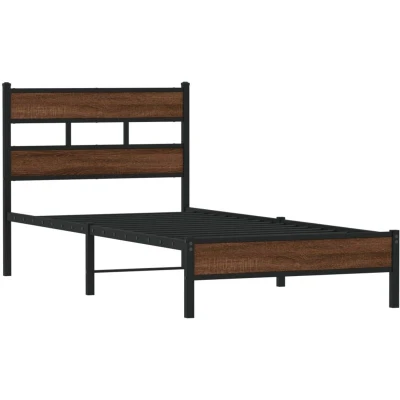 Image of vidaXL Bed Frame without Mattress Brown Oak 107x203 cm Sturdy Steel Construction, Extra Storage Space and Functional Headboard for Bedroom