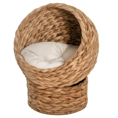 Image of PawHut Woven Banana Leaf Elevated Cat Bed Wicker Kitten Basket Pet Den, House Cosy Cave with Soft Cushion Dome 50x42x60cm Brown