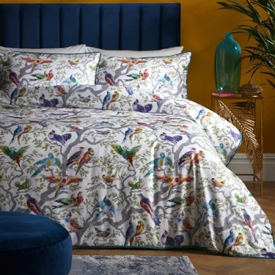 Image of Laurence Llewelyn Bowen Multi Colours Birds Duvet Cover King Bedding Size (230 x 220cm) Soft 100% Cotton Satin 2 Pillowcases 200 Thread Count Luxury Bird in White