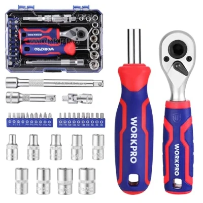 Image of WORKPRO 34 Pieces 1/4&quot; Socket Set, Ratchet Set with Bit Wrench and Extension Bar for DIY, Car Repair Daily Maintine Tool Box