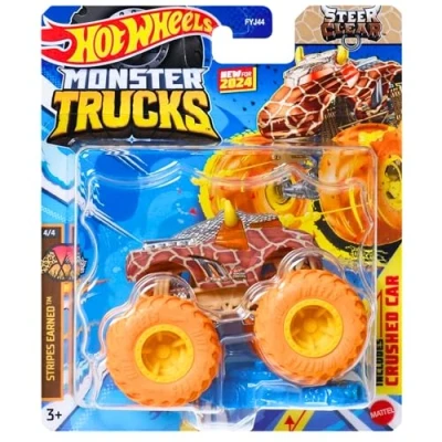 Image of Mattel Hot Wheels Monster Trucks Collectible Toy 1:64 Scale Diecast Model Vehicle Stripes Earned 4/4 Steer Clear HTM57