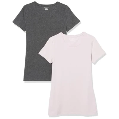 Image of Amazon Essentials Women&#039;s Classic Fit Short Sleeve Crewneck T Shirt, Pack of 2, Charcoal Heather/Light Purple, S
