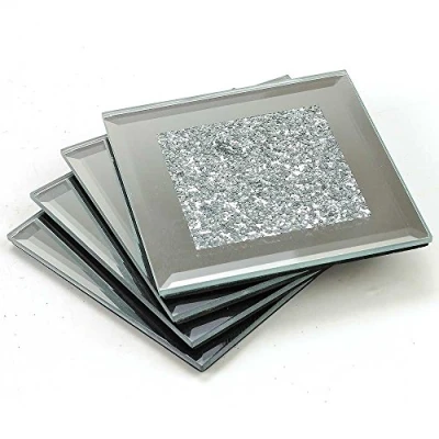 Image of Angraves Lustre Large Silver Sparkle Glitter Mirrored Glass Coaster Set of 4