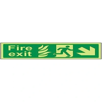 Image of V Safety Glow In The Dark NHS Fire Exit Arrow Down Right Sign 600mm x 200mm Self Adhesive Vinyl