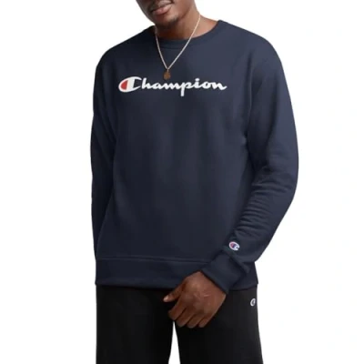 Image of Champion Men&#039;s Graphic Powerblend Fleece Crew Sweatshirt, Navy Script, S