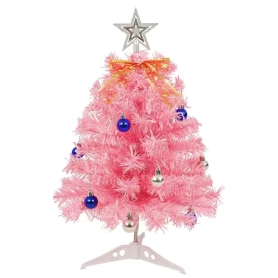 Image of Uten Pink Mini Christmas Tree, 1.8ft/55cm Desktop Small Xmas Tree with 30 LED String Lights, Topper Star Ornaments and Bow, 15 Balls for Decoration