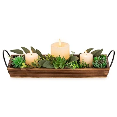 Image of Long Narrow Wooden Candle Tray: Hanobe Decorative Trays Rectangular Holder for Home Decor Centerpiece Tray Serving with Metal Handles Dining Table Coffee Bar Living Room