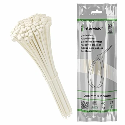 Image of Zip Ties 200mm x 2.5mm White 8 Premium Neutral Plastic Cable Ties, 200 mm Nylon Natural Tie Wraps, Pack of 100 Pieces by intervisio